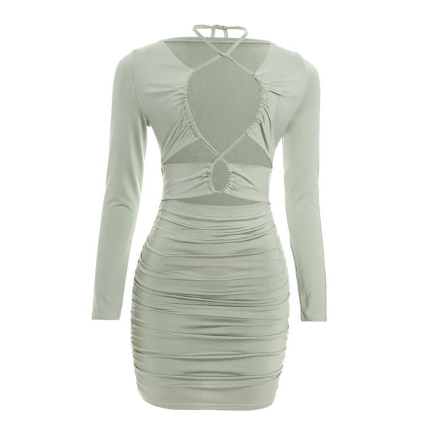 Ruched long sleeve hollow out self tie mini dress