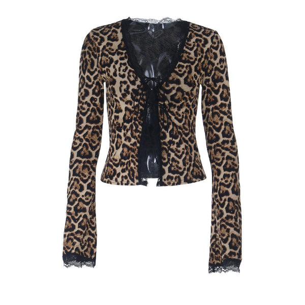 Leopard print lace hem v neck long sleeve self tie top