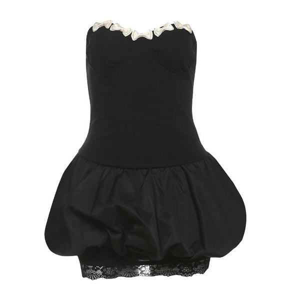 Sweetheart neck bowknot lace hem mini dress