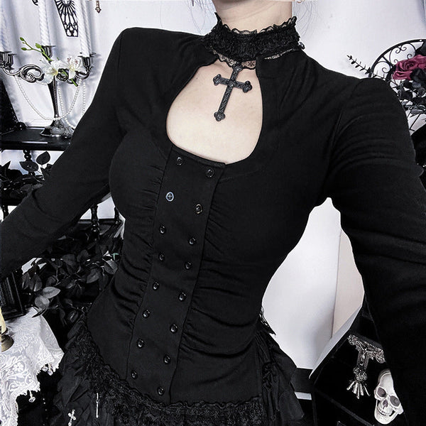 High neck long sleeve hollow out lace hem button top