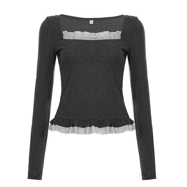 Square neck long sleeve lace hem top