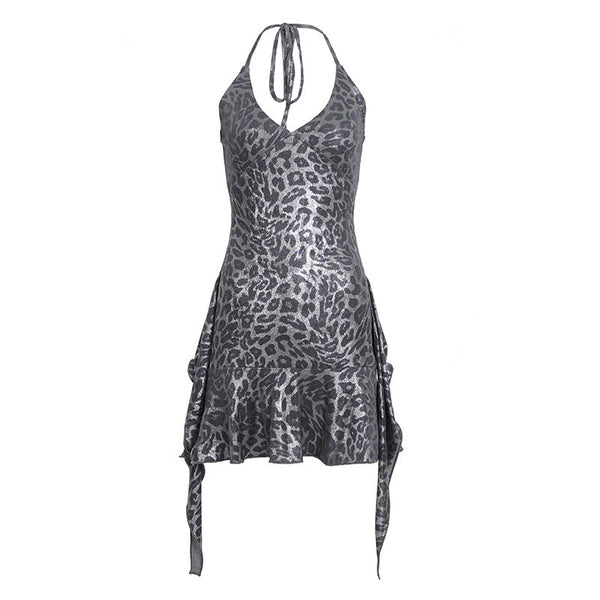 Halter v neck leopard print ruffle mini dress