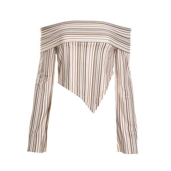 Off shoulder striped print long sleeve irregular top