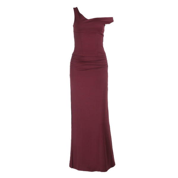 Ruched slit backless solid tank maxi skirt set