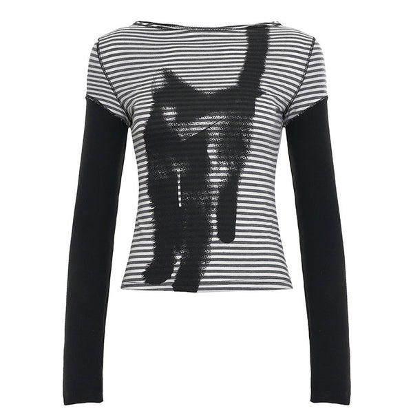 Striped long sleeve kitty pattern stitch top