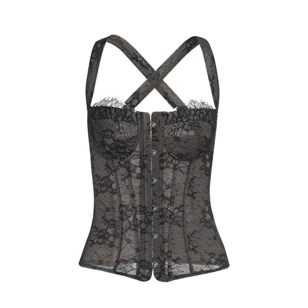 Cross back lace button backless cami top