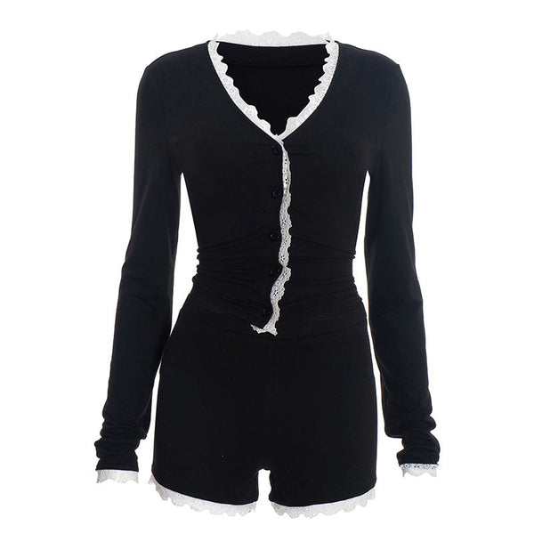 Lace hem long sleeve v neck button low rise pant set