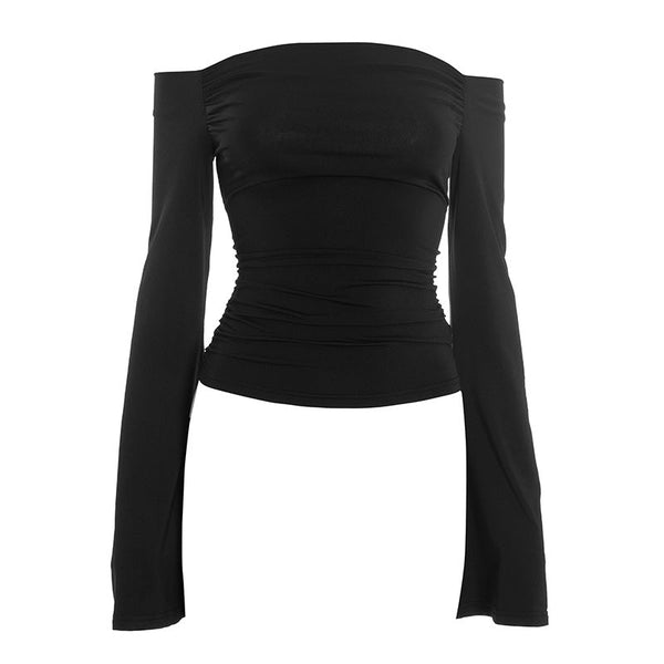 Off shoulder long flared sleeve ruched top