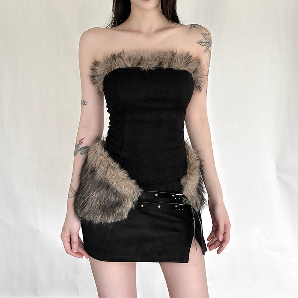 Fluffy slit buckle mini skirt