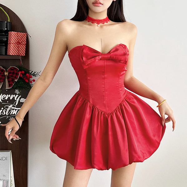 Bowknot ruched smocked sweetheart neck mini dress