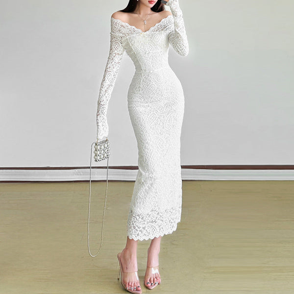 Lace long sleeve slit v neck solid midi dress