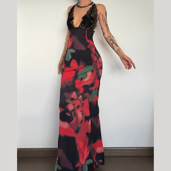 V neck lace hem backless print cami maxi dress