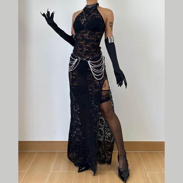 Halter self tie slit see through lace maxi dress