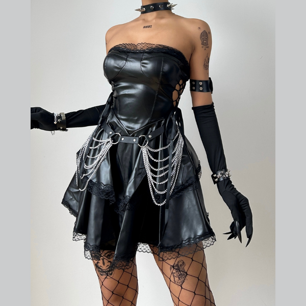 Lace hem PU leather hollow out self tie mini dress