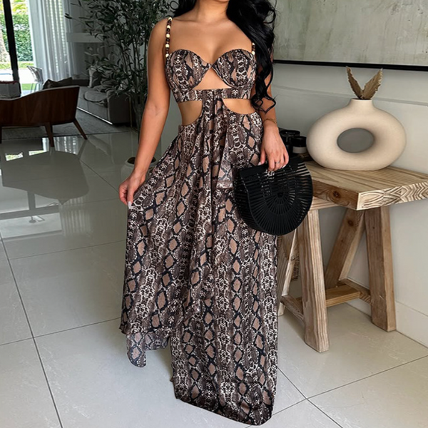 Snakeskin print hollow out cami maxi dress