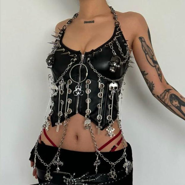 Halter metal chain PU leather skull applique zip-up top