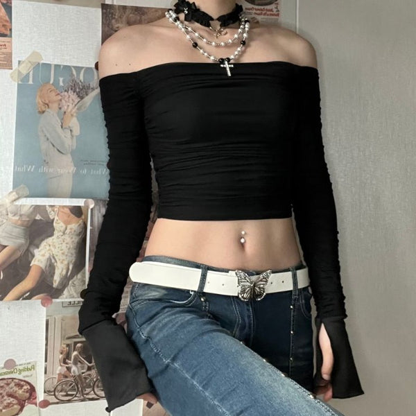 Double layered mesh off shoulder ruched long sleeve solid crop top y2k 90s Revival Techno Fashion