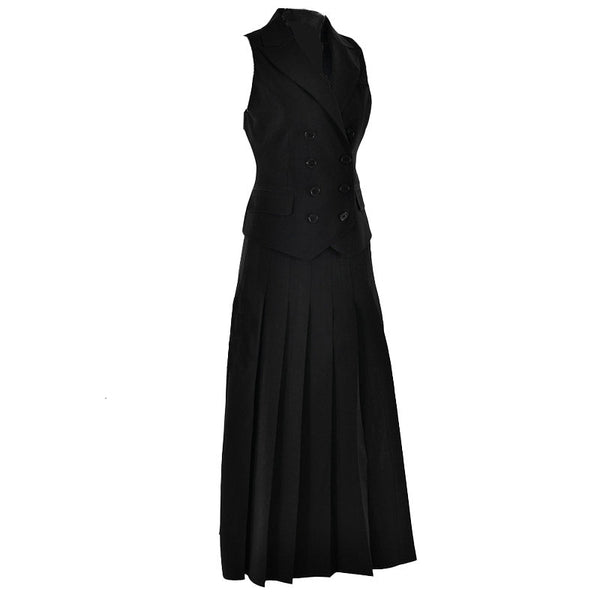 Sleeveless turnover collar button pleated maxi skirt set