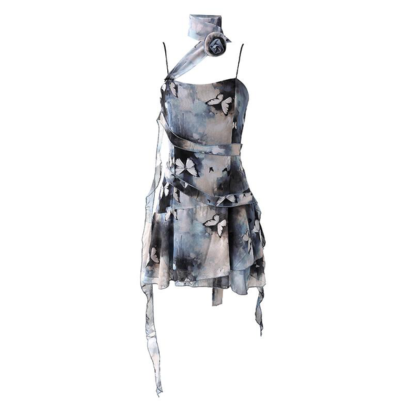 Butterfly print chiffon cami mini dress