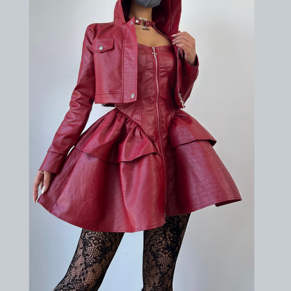Long sleeve hoodie PU leather halter zip-up 2 piece mini dress