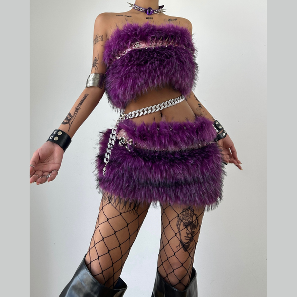 Fluffy skull applique tube mini skirt set