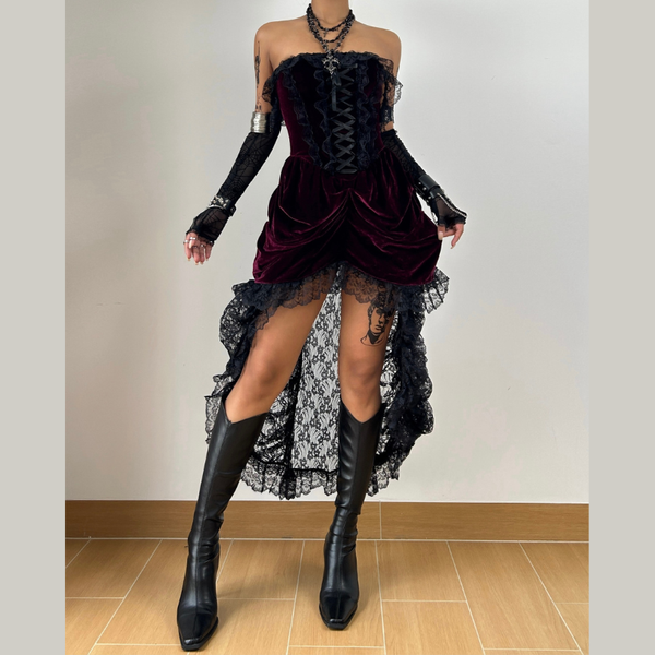 Off shoulder lace hem velvet ruched mini dress