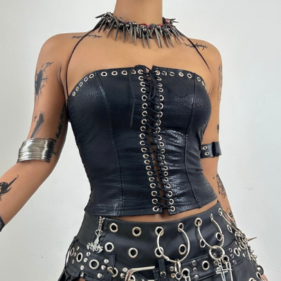 Self tie halter PU leather hollow out top