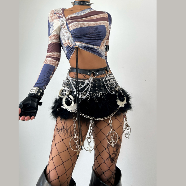 Long sleeve irregular drawstring ruched print top