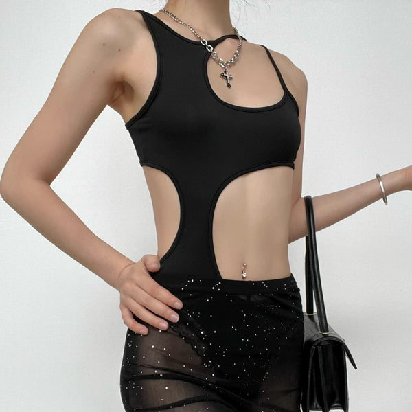 Hollow out irregular solid sleeveless bodysuit goth Alternative Darkwave Fashion goth Emo Darkwave Fashion