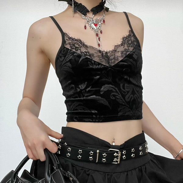 Velvet pattern eyelash lace v neck cami top goth Alternative Darkwave Fashion goth Emo Darkwave Fashion