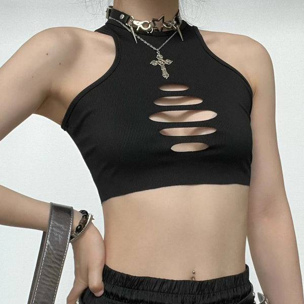 Final Sale - Crewneck hollow out ribbed crop top goth Alternative Darkwave Fashion goth Emo Darkwave Fashion