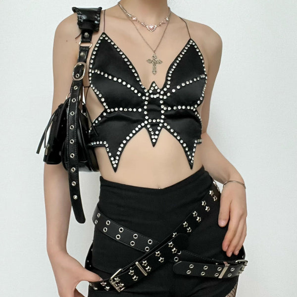 Top con espalda abierta y cruz de diamantes de imitación con cuentas de mariposa, moda Darkwave alternativa, moda gótica Emo Darkwave 