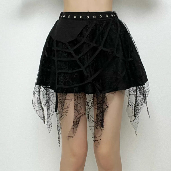Solid irregular mesh spider web pattern mini skirt y2k 90s Revival Techno Fashion