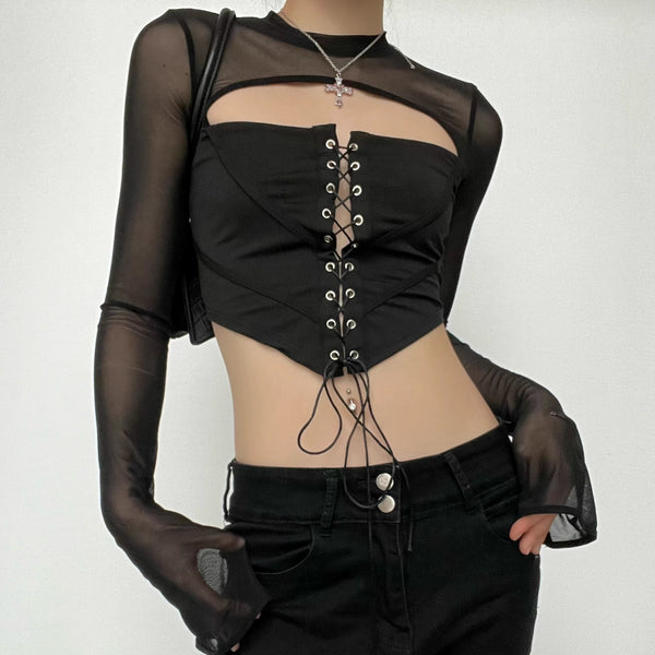 Lace up flared sleeve crewneck corset hollow out backless top y2k 90s Revival Techno Fashion