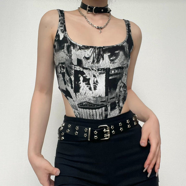 Square neck sleeveless hollow out abstract buckle bodysuit y2k 90s Revival Techno Fashion