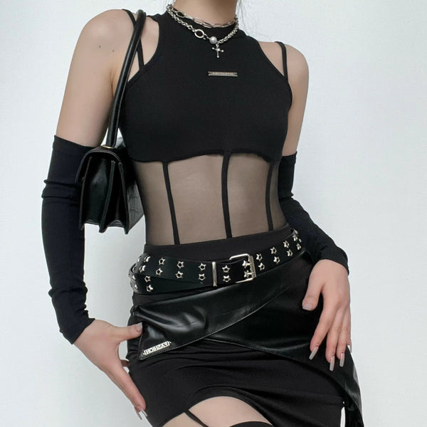 Mesh patchwork gloves solid sleeveless metal tag bodysuit goth Alternative Darkwave Fashion goth Emo Darkwave Fashion