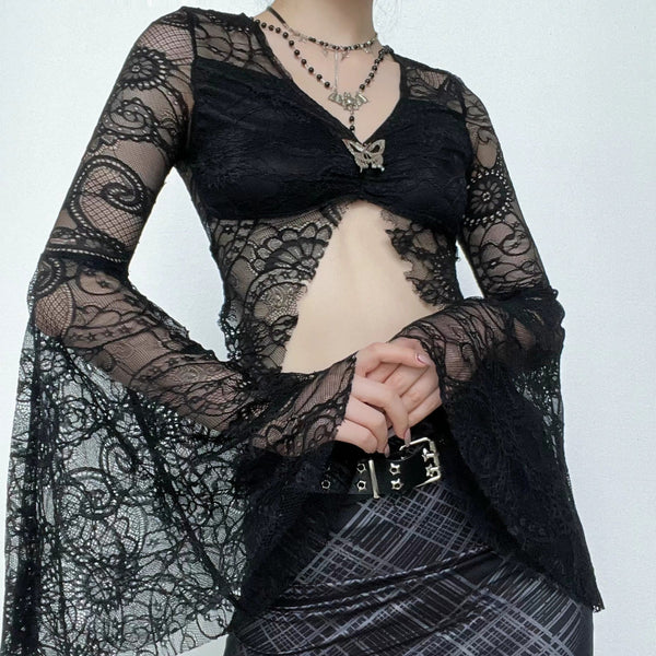Flared sleeve lace slit v neck solid crop top goth Alternative Darkwave Fashion goth Emo Darkwave Fashion