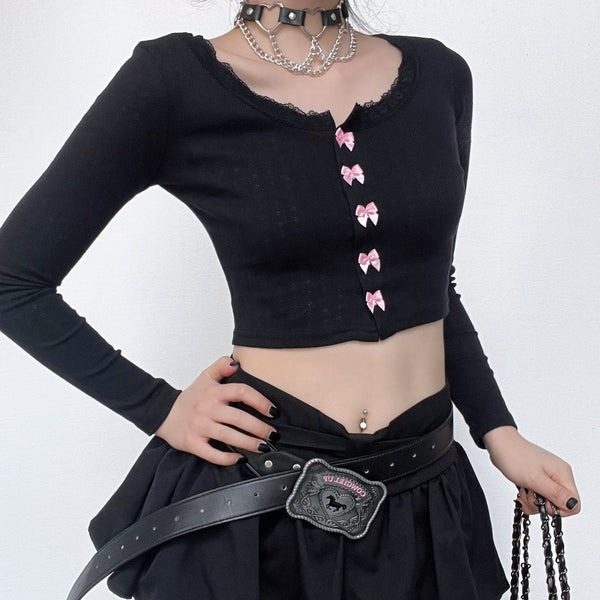 Bowknot textured long sleeve lace hem contrast crop top goth Emo Darkwave Fashion