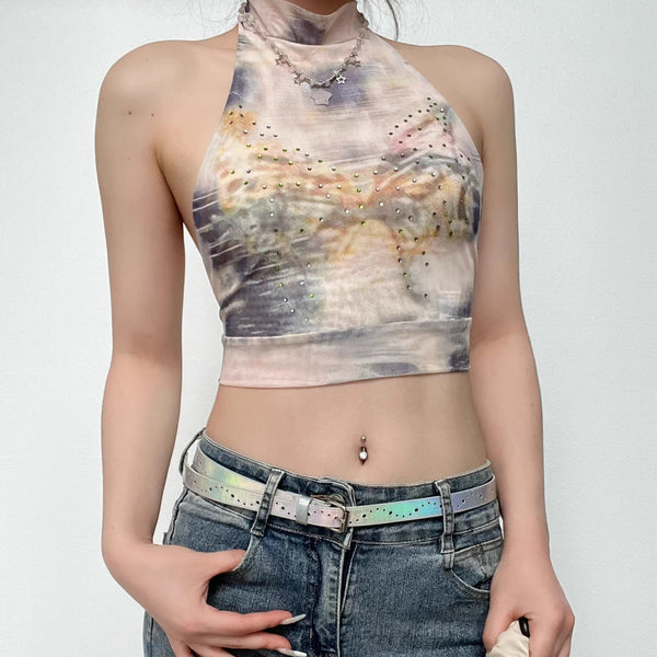 Tie dye beaded halter self tie backless contrast crop top y2k 90s Revival Techno Fashion