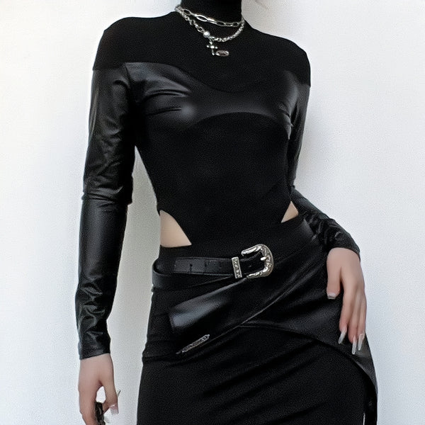 Patchwork high neck long sleeve PU leather bodysuit goth Emo Darkwave Fashion