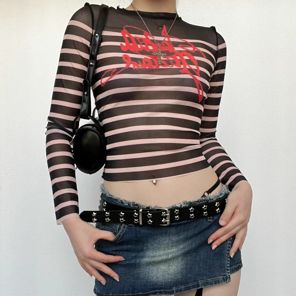 Striped long sleeve contrast sheer mesh see through top