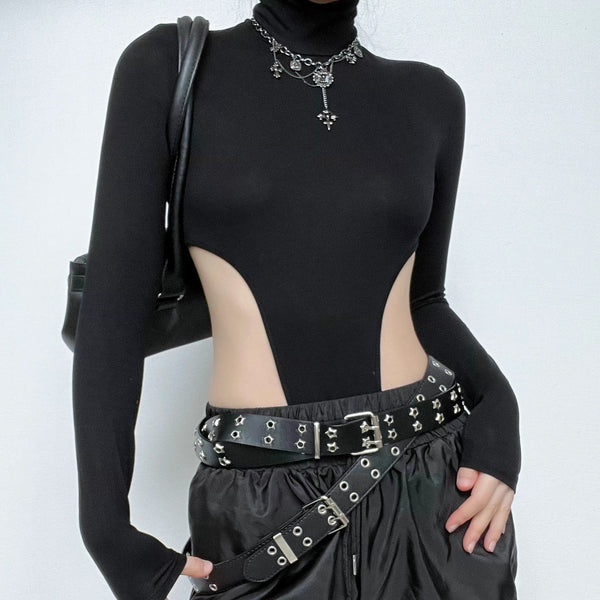 High neck long sleeve solid hollow out backless bodysuit cyberpunk Sci-Fi punk Fashion goth Emo Darkwave Fashion cyberpunk Sci-Fi Fashion