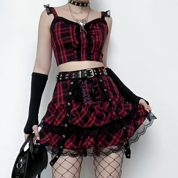 Lace hem ruffle lace up plaid smocked backless mini skirt set