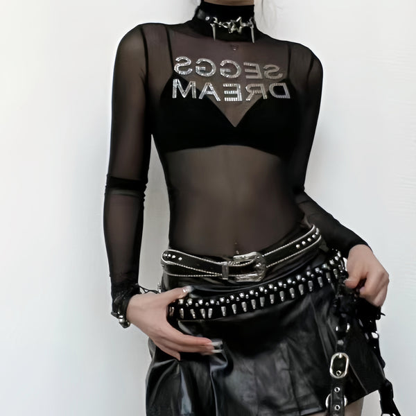 Sheer mesh see through beaded high neck long sleeve bodysuit goth Alternative Darkwave Fashion goth Emo Darkwave Fashion