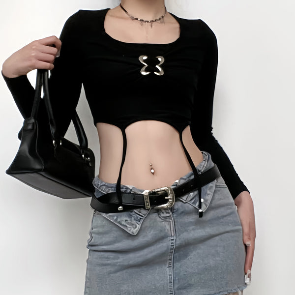 Patchwork butterfly buckle long sleeve solid square neck crop top