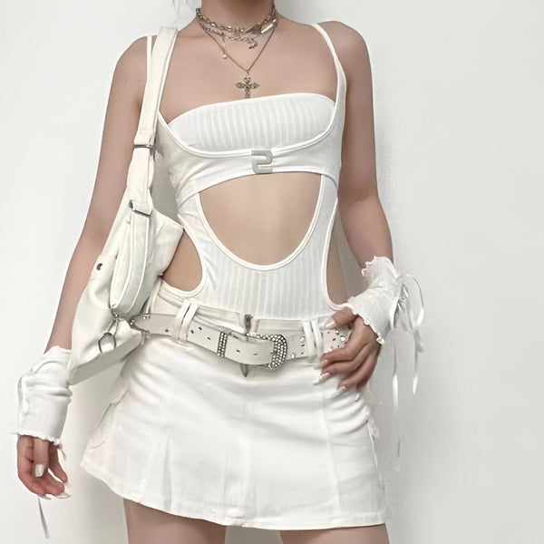 Solid ribbed self tie "S" applique hollow out cami bodysuit y2k 90s Revival Techno Fashion