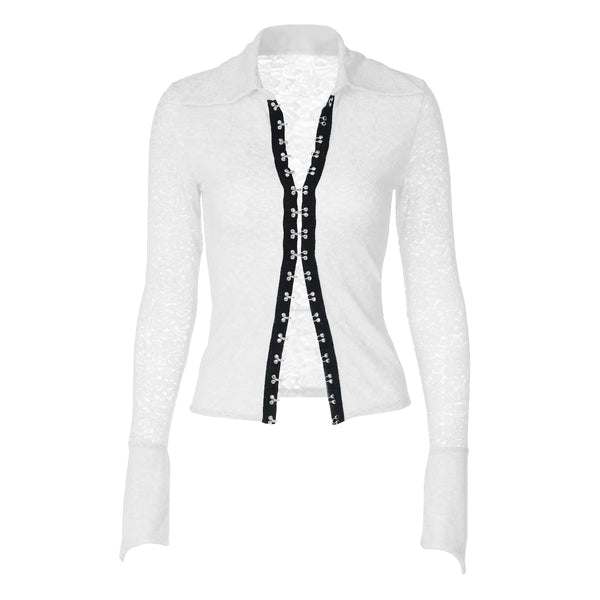 Long sleeve turnover collar lace button top