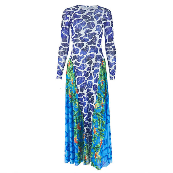 Long sleeve crewneck contrast print maxi dress