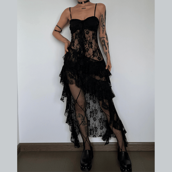 Lace ruched see through hollow out high slit maxi dress