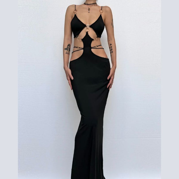 Hollow out o ring cross front slit maxi dress